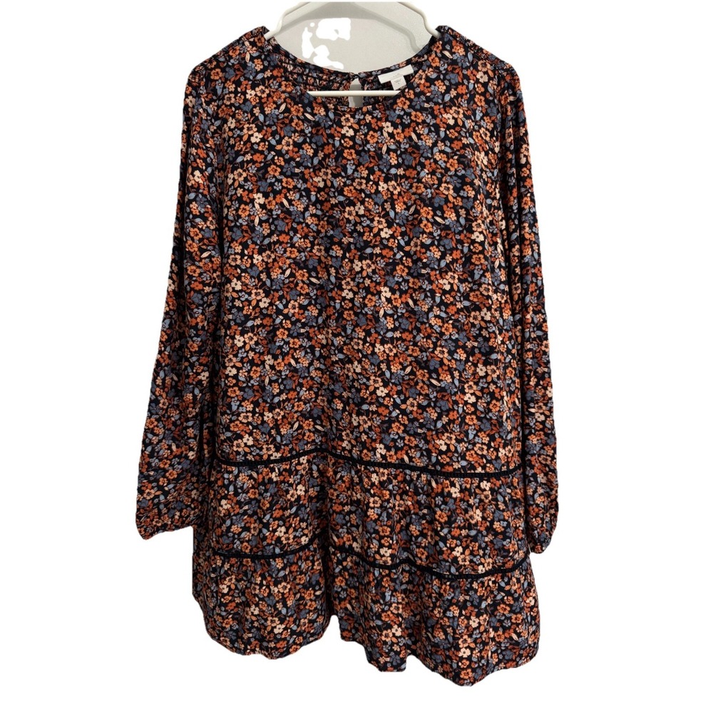 J. Jill Size Large Floral Smocked Blouse Long Sleeve Popover Rayon Navy